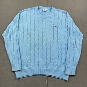 Lacoste Sweater Mens XL 6 Light Blue Cable Knit Pullover V-Neck Tennis Preppy